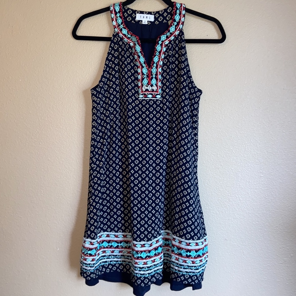 THML Size Small Sleeveless Embroidered High-Neck Knee Length Boho Shift Dress